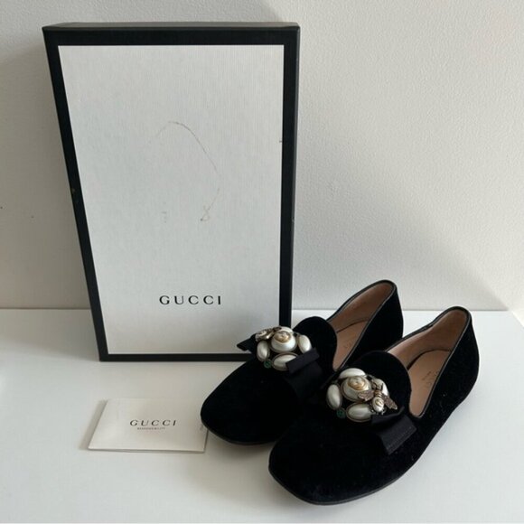 GUCCI Étoile Faux Pearl Embellished Velvelt Black Loafers sz 37 - Picture 2 of 12